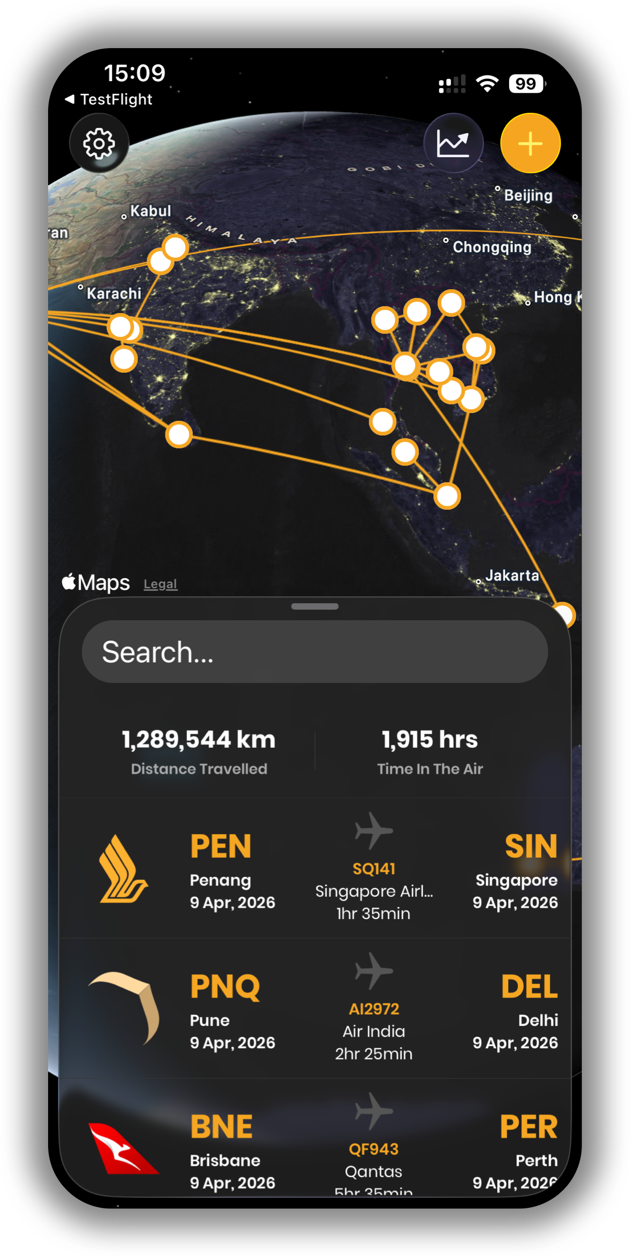 Fly app home screen with flight map and log